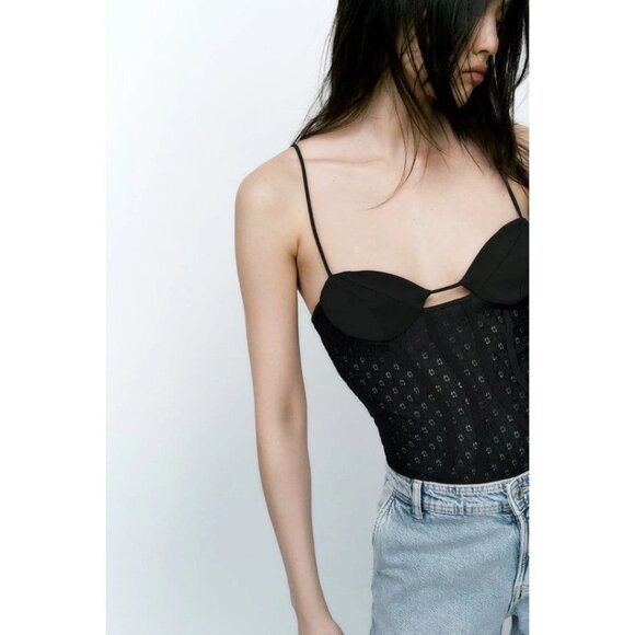 NWOT Zara black matching lace-like accented corsetry-inspired bodysuit, S - Picture 3 of 16